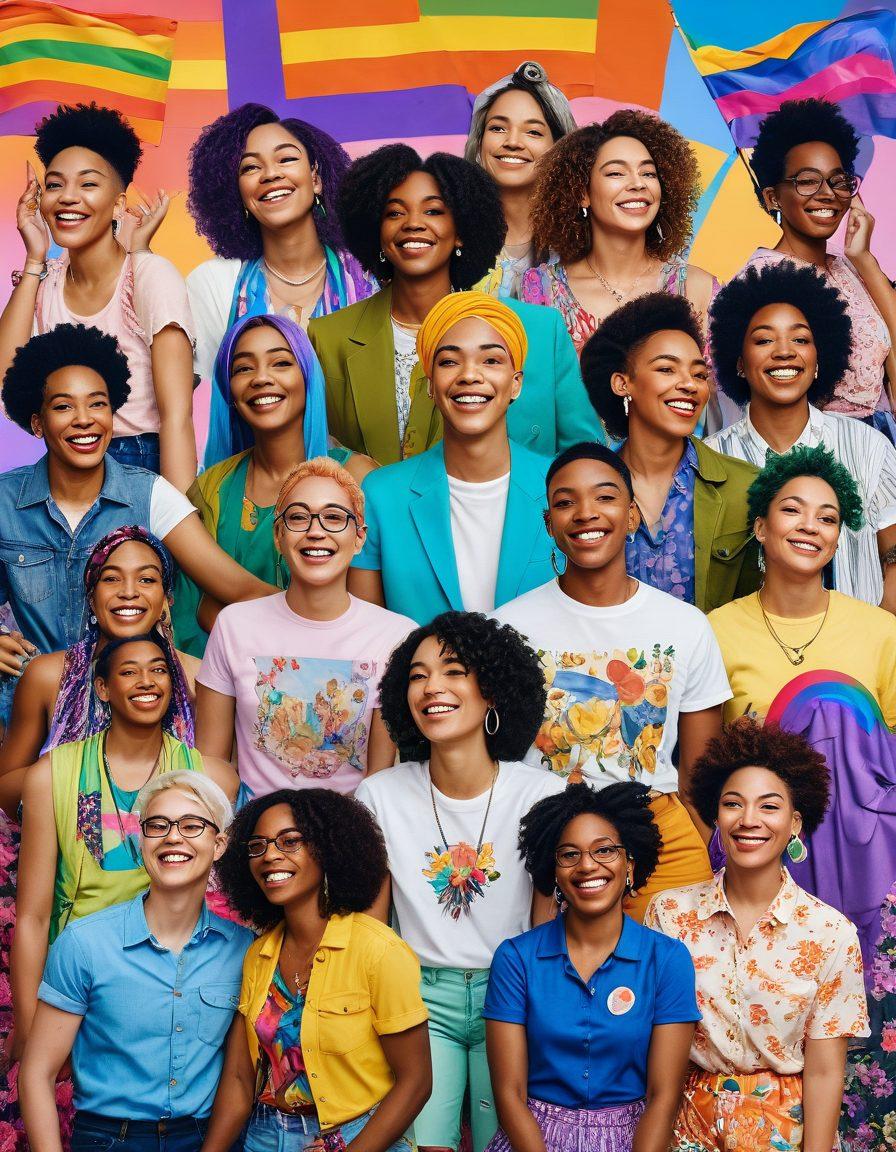 A vibrant collage celebrating trans and genderqueer identities, featuring a diverse group of individuals expressing joy and empowerment in colorful clothing. Include elements of pride flags, flowers, and symbols of unity in the background. The scene is filled with laughter and celebration, capturing the essence of inclusivity and self-acceptance. The overall tone is bright and uplifting, with a cheerful atmosphere. super-realistic. vibrant colors. white background.