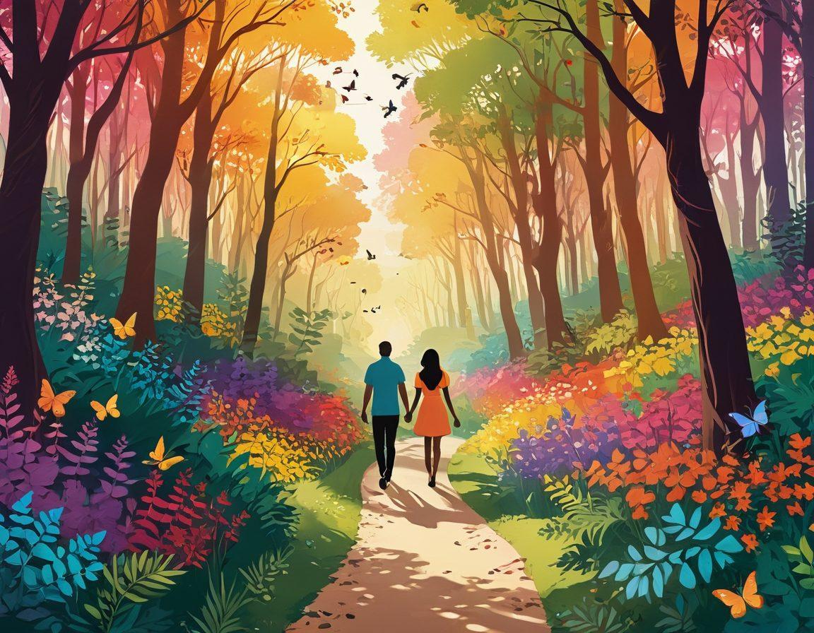 A colorful path winding through a lush, vibrant forest symbolizing the journey to self-love, with heart-shaped flowers and butterflies representing joy and acceptance. Include silhouettes of diverse LGBTQ+ individuals walking together, radiating happiness and love. The sunlight filters through the leaves, creating a warm, inviting atmosphere. whimsical illustration. vibrant colors. 3D.
