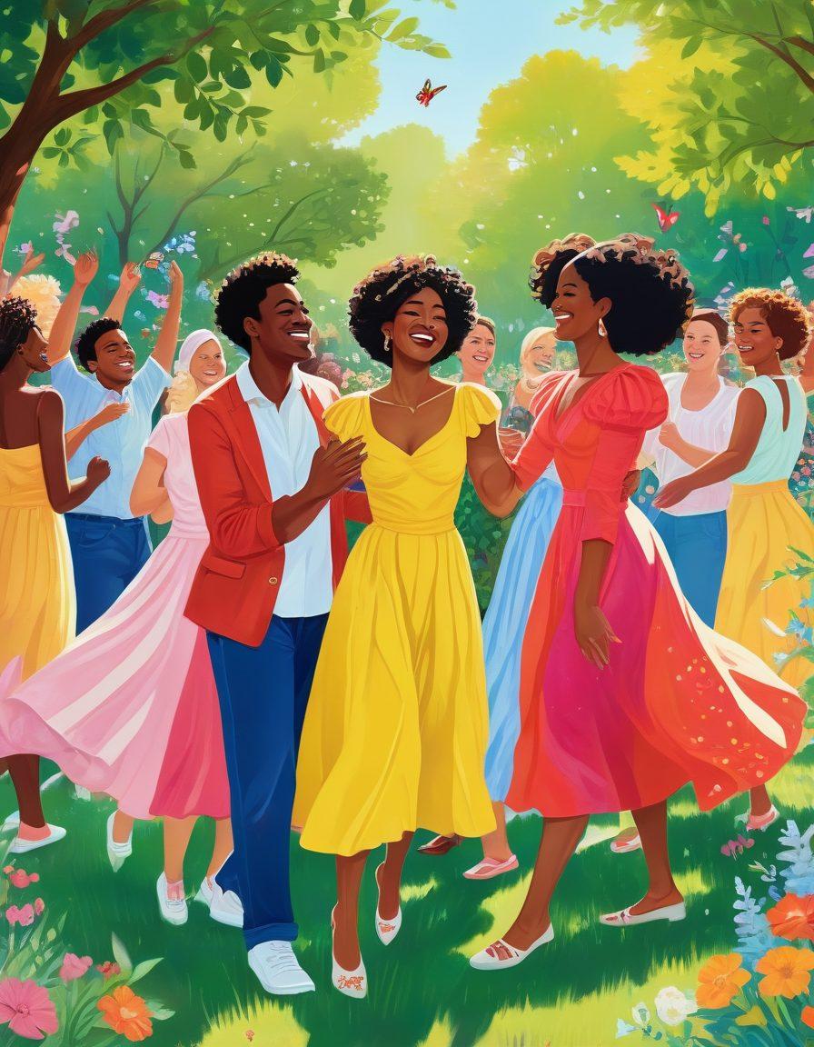 A vibrant and colorful illustration showcasing a diverse group of individuals celebrating their unique genders and identities in a lush, sunlit park. Each person is adorned with bright, joyous clothing and engaged in activities like dancing, painting, and sharing hugs, embodying self-love and acceptance. Surrounding them are blooming flowers and butterflies symbolizing transformation and growth. The scene radiates happiness and community. vibrant colors. whimsical style. uplifting atmosphere.